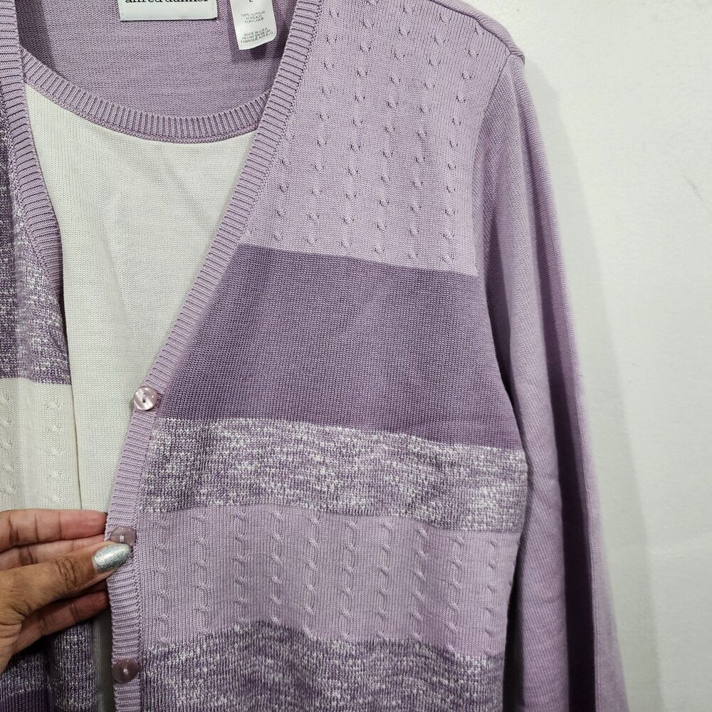 Alfred Dunner Blurred Stripes Knit Cardigan Button-front Purple White Womens L - Picture 10 of 14